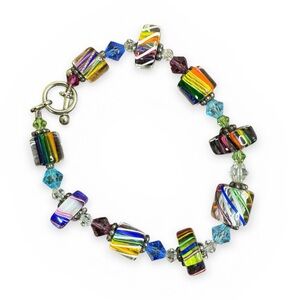 Colourful Furnace Bead Bracelet Rainbow Striped Glass 6.75”